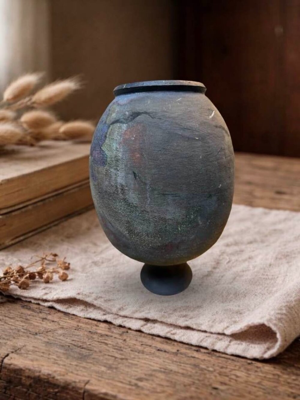 Handcrafted Raku Pottery Vase With Multicolor Iridescent Finish Unique Wabi Sabi - Picture 7 of 13